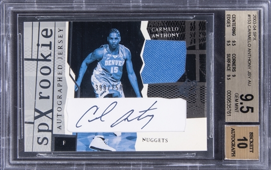 2003-04 SPx #153 Carmelo Anthony Signed Patch Rookie Card (#399/750) - BGS GEM MINT 9.5/BGS 10